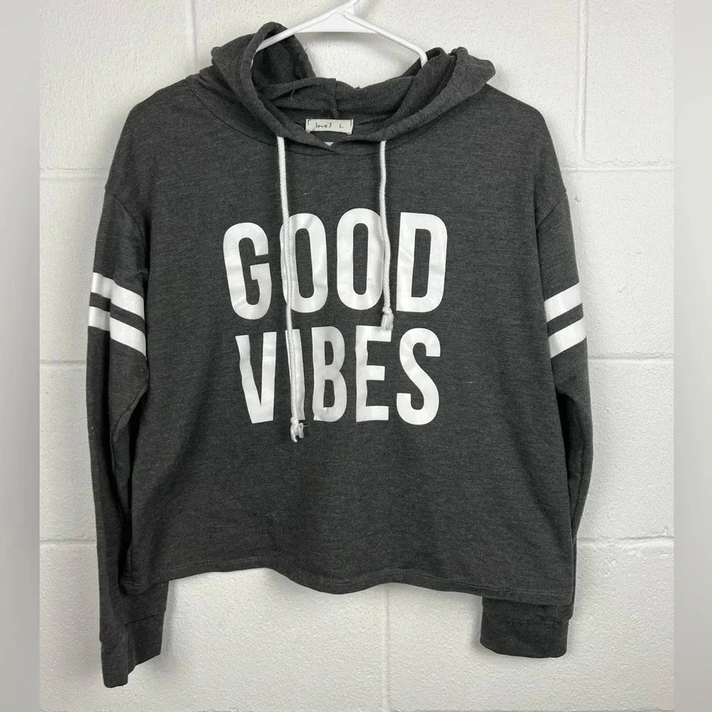 Love J Girls Good Vibes Cropped Hoodie Charcoal Gray White Stripe Size Large